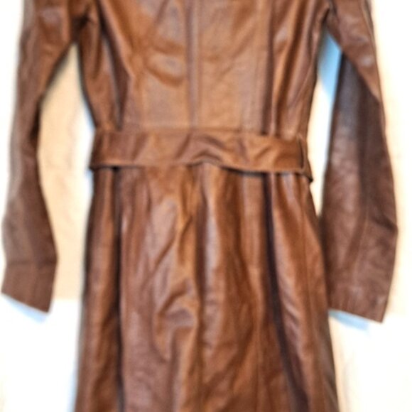 VINTAGE LEATHER FITTED MID TRENCH COAT - BUCKLE BELT - SOFT HONEY BROWN ~WILSONS - Picture 10 of 16